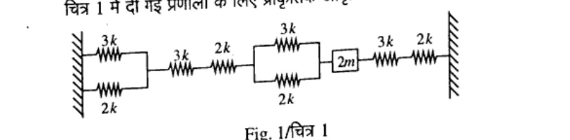 Spring-mass system fixed between two walls. From left wall: two parallel springs 3k (top) and 2k (bottom) connected to series springs 3k and 2k, then to parallel combination 3k (top) and 2k (bottom), then to mass block labelled 2m, then to series springs 3k and 2k connected to right wall.