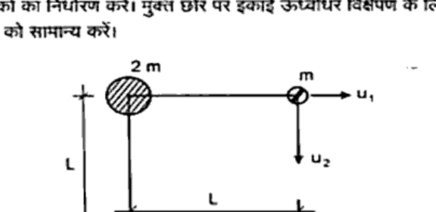 Figure 5: L-shaped frame with vertical column height L fixed at base, horizontal beam length L, mass 2m at rigid joint and mass m at free end with DOFs u1 horizontal and u2 vertical