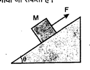An inclined plane of angle theta with an inclined surface on which a rectangular block of mass M rests. An upward force F acts parallel to the inclined plane.
