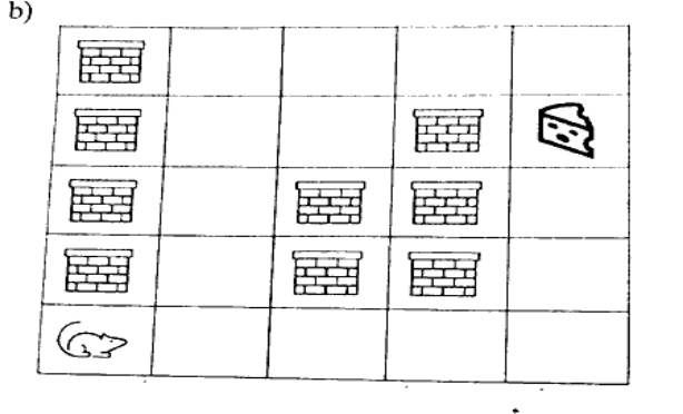 5x5 maze grid: walls (brick icons) at (1,1),(2,1),(3,1),(4,1),(2,4),(3,4),(3,3),(4,3),(4,4); mouse icon at row5 col1; cheese icon at row2 col5; other cells empty.