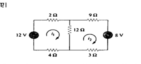 Two-mesh circuit. Left mesh: 12V source vertical left, 2 ohm top, 4 ohm bottom, 12 ohm vertical middle common. Right mesh: 9 ohm top, 8V source vertical right, 3 ohm bottom, sharing 12 ohm middle. Mesh currents i1 (left, clockwise) and i2 (right, clockwise) marked.