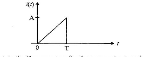 Plot i(t) vs t: ramp from 0 at t=0 to A at t=T, then drops to zero. Single triangular pulse of width T and height A.