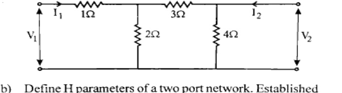 Two-port network: input port V1 with series 1 ohm, shunt 2 ohm to ground, series 3 ohm, shunt 4 ohm to ground, output port V2. Currents I1 entering input, I2 entering output.