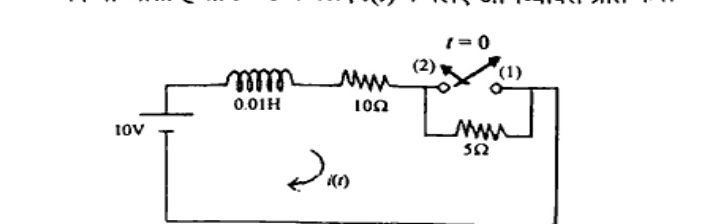 DC circuit: 10V source in series with 0.01H inductor, 10 ohm resistor, switch common terminal. Position (1) connects to 5 ohm resistor loop back to source; position (2) is short to 5 ohm? Diagram shows switch transferring at t=0 between (2) and (1) with 5 ohm shunt. Current i(t) marked in lower loop.