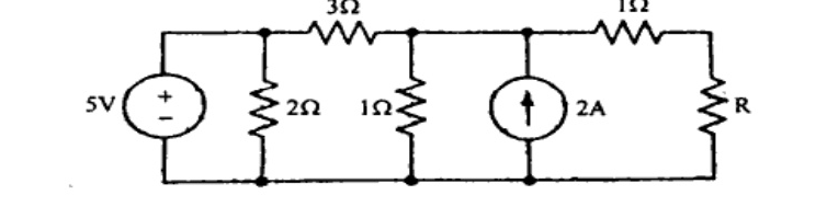 Circuit: 5V source in parallel with 2 ohm; series 3 ohm to node with 1 ohm to common; 2A upward source in parallel; series branch 1 ohm plus load R connected across current source terminals.