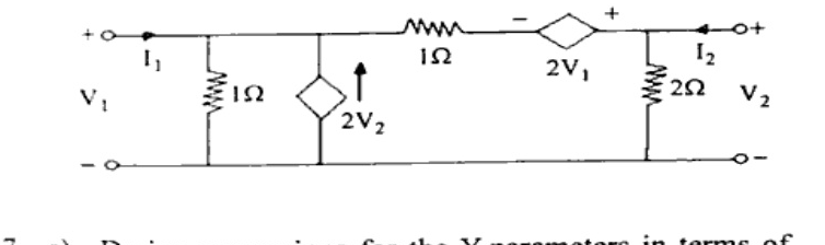 Two-port: port1 with 1 ohm shunt and dependent current source 2V2 upward; series 1 ohm and dependent voltage source 2V1 (+ on right, - on left); port2 with 2 ohm shunt. Currents I1 into port1, I2 into port2.