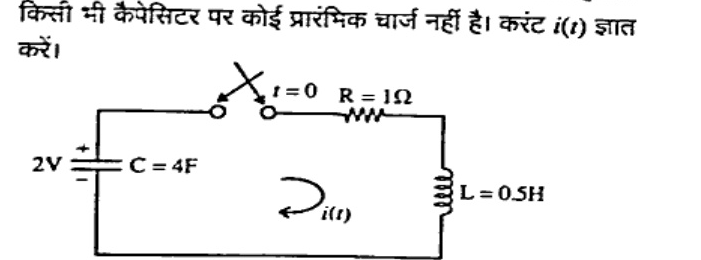 Single loop: 2V source in series with C=4F, switch closing at t=0, R=1 ohm, L=0.5H, loop current i(t) clockwise.