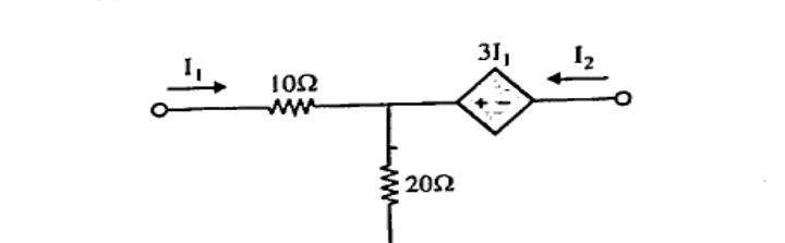 Two-port with top input through 10 ohm (current I1), shunt 20 ohm to bottom wire, then series dependent source 3I1 (+ on left) to output port (current I2 entering from right). Bottom wire common.
