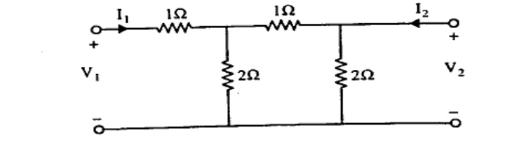 Two-port ladder: series 1 ohm from port1, shunt 2 ohm, series 1 ohm, shunt 2 ohm at port2. Bottom wire common. V1,I1 at left, V2,I2 (I2 arrow into port) at right.