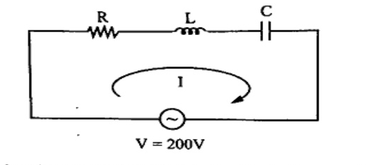 Series circuit with resistor R, inductor L, capacitor C and AC source V=200V in a loop with current I marked clockwise.