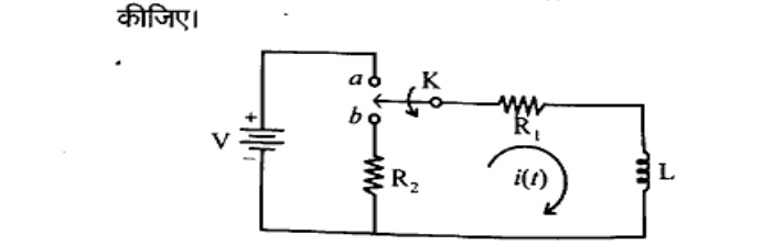 Circuit with voltage source V connected to terminal a, resistor R2 connected to terminal b, switch K connecting to resistor R1 and inductor L in loop with current i(t). Switch moves from a to b at t=0.