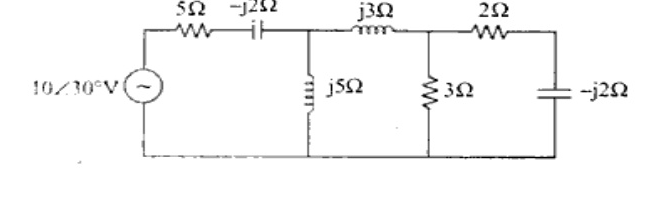 AC ladder network with 10 angle 30 deg V source in series with 5 ohm and -j2 ohm capacitor, shunt j5 ohm inductor, series j3 ohm inductor, shunt 3 ohm resistor, series 2 ohm resistor and -j2 ohm capacitor forming last loop.