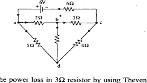 Network with nodes a,b,c,d. Top branch: 6V source (+ left, - right) in series with 6 ohm resistor between a (via top wire) and c. Middle: 2 ohm between a-b and 3 ohm between b-c. Lower: 5 ohm between a-d, vertical resistor between b-d (value obscured), 4 ohm between c-d.