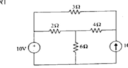 10V source (+ top) on left, 10A upward source on right in parallel. Top horizontal 3 ohm directly across sources. Middle: 2 ohm from left node to middle node, 4 ohm from middle node to right node, 6 ohm from middle node to bottom common wire.