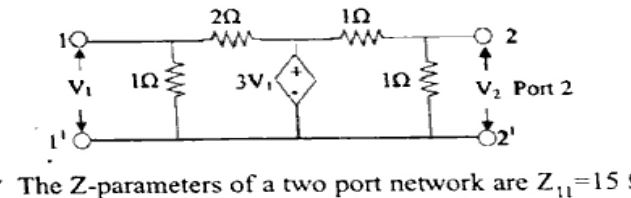 Two-port with port1 V1 left (1-1') shunt 1 ohm, series 2 ohm then dependent voltage 3V1 (+ top) to common, then series 1 ohm to port2, shunt 1 ohm at port2 V2 (2-2'). Common bottom wire.