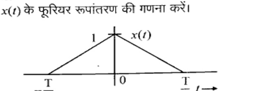Triangular pulse x(t) vs t with peak value 1 at t=0, linearly decreasing to zero at t=-T/2 on left and t=T/2 on right, t-axis horizontal with marks -T/2, 0, T/2.