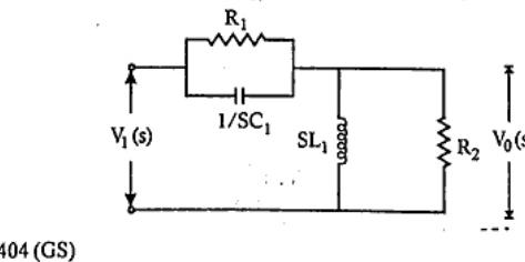Given s-domain circuit: input Vi(s) on left. Series branch is R1 in parallel with 1/SC1. Followed by shunt branch to ground consisting of SL1 in parallel with R2. Output Vo(s) is voltage across the shunt R2 / SL1 combination.