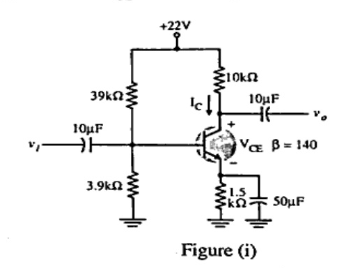 Figure (i): Voltage divider bias circuit with $V_{CC} = +22\text{ V}$, $R_1 = 39\text{ k}\Omega$, $R_2 = 3.9\text{ k}\Omega$, $R_C = 10\text{ k}\Omega$, $R_E = 1.5\text{ k}\Omega$ with bypass capacitor $50\,\mu\text{F}$, $\beta = 140$, input coupling capacitor $10\,\mu\text{F}$, output coupling capacitor $10\,\mu\text{F}$.