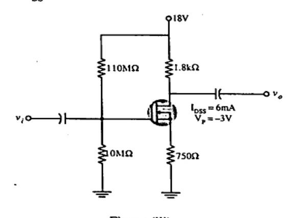 Figure (iii): JFET voltage divider bias circuit with $V_{DD} = 18\text{ V}$, $R_{G1} = 110\text{ M}\Omega$, $R_{G2} = 10\text{ M}\Omega$, $R_D = 1.8\text{ k}\Omega$, $R_S = 750\,\Omega$, $I_{DSS} = 6\text{ mA}$, $V_P = -3\text{ V}$, with input/output coupling capacitors.