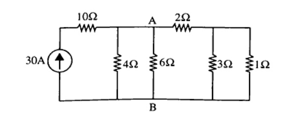 Circuit with a 30A current source pointing up on the left in parallel with a branch containing a 10 ohm resistor in series with a 4 ohm resistor. Terminals A and B have a 6 ohm resistor connected between them. To the right of terminal A is a 2 ohm series resistor, which feeds into two parallel branches containing a 3 ohm resistor and a 1 ohm resistor, returning to terminal B line.