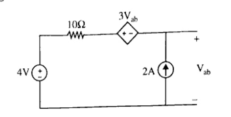 Circuit with an independent 4V voltage source in series with a 10 ohm resistor and a dependent voltage source labeled '3 Vab' (with + on right, - on left). Across the output terminals labeled + at top and - at bottom with voltage Vab, there is an independent 2A current source connected pointing upward.