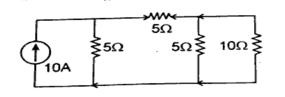 A circuit diagram containing a $10\text{ A}$ current source pointing upwards in the leftmost branch, in parallel with a $5\ \Omega$ resistor. Connected via a top branch with a $5\ \Omega$ resistor to another section containing two parallel branches: a $5\ \Omega$ resistor and a $10\ \Omega$ resistor.