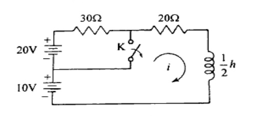 Circuit with two DC sources in the left branch ($20\text{ V}$ and $10\text{ V}$ in series), a top horizontal resistor of $30\ \Omega$ before a switch K connected to ground/middle, then a series resistor of $20\ \Omega$ and an inductor of $\frac{1}{2}\text{ H}$ carrying clockwise loop current $i$.