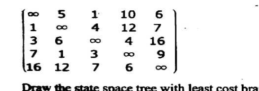 5x5 cost matrix: row1 inf,5,1,10,6; row2 1,inf,4,12,7; row3 3,6,inf,4,16; row4 7,1,3,inf,9; row5 16,12,7,6,inf.