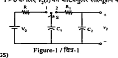 Figure-1: A circuit showing a DC source V_0 in series with resistor R connected to terminal 1 of switch S. In parallel across terminal 1 is capacitor C_1 to the common reference rail. Switch S can connect to terminal 1 or terminal 2. From terminal 2, a resistor R_1 connects in series to a parallel branch containing capacitor C_2, across which voltage v_2 is defined.