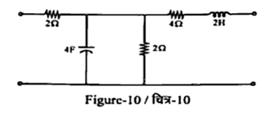 Figure-10: Two-port network ladder. From port 1, a 2 ohm resistor connects to a shunt 4 F capacitor branch, followed by a series 4 ohm resistor connecting to a shunt 2 ohm resistor, and then a series 2 H inductor to port 2.