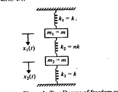 Figure 4 Two Degree of freedom system: vertical chain fixed top and bottom. From top: spring k1=k, mass m1=m with displacement x1(t) downward, spring k2=nk, mass m2=m with displacement x2(t) downward, spring k3=k to ground.
