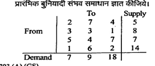 Transportation table with 4 From rows and 3 To columns. Costs: Row1: 2,7,4 Supply 5; Row2: 3,3,1 Supply 8; Row3: 5,4,7 Supply 7; Row4: 1,6,2 Supply 14. Demand: 7,9,18.