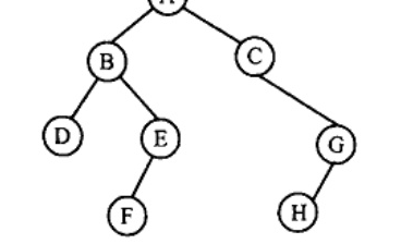 Binary tree: root A; A left B, right C; B left D, right E; E left F; C right G; G left H (H as child of G)