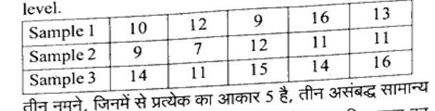 Table with 3 rows Sample 1: 10,12,9,16,13; Sample 2: 9,7,12,11,11; Sample 3: 14,11,15,14,16