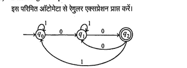 Finite automata with states q0 (start), q1, q2 (double circle final). q0 has 1-loop and 0 to q1. q1 has 1-loop and 0 to q2. q2 has 0 to q1 and 1-curved arrow back to q0.