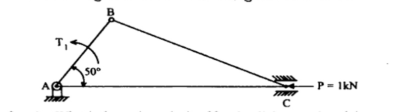 Slider-crank diagram: crank A pivoted at ground left, crank AB inclined at 50 degrees to horizontal, B is top joint, long connecting rod BC to slider C on same horizontal line as A, slider C with leftward arrow P = 1 kN, curved arrow T1 anticlockwise at A on crank AB.