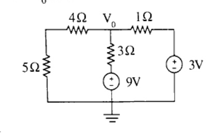 Circuit diagram with ground reference at the bottom. Left loop contains 5 ohm vertical resistor, top branch has 4 ohm resistor connecting to node V0. Center branch connects node V0 through a 3 ohm resistor in series with a 9V DC source to ground. Right loop has 1 ohm top resistor connecting to a 3V DC source in series to ground.