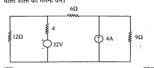 Circuit with four vertical parallel branches connected by a top wire with a 6-ohm resistor between branches 2 and 3. Branch 1: 12-ohm resistor. Branch 2: 4-ohm resistor in series with a 32V DC source (positive terminal at bottom, negative at top). Top branch between branch 2 and branch 3: 6-ohm resistor. Branch 3: 4A independent current source directed upwards. Branch 4: 9-ohm resistor. Bottom wire connects all branches.