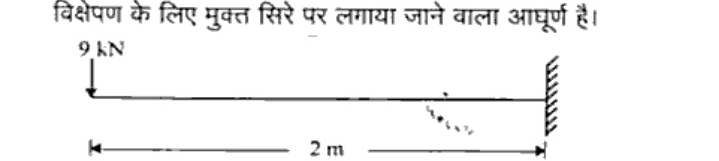 Horizontal cantilever beam 2 m long with fixed support at right end (hatched) and free end at left; downward arrow of 9 kN at free end; span dimension 2 m marked below.