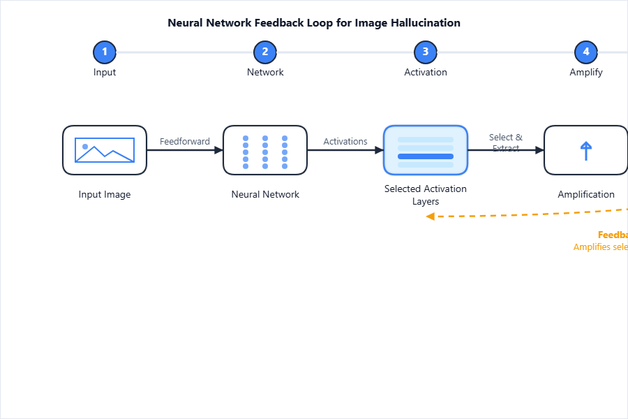 Input image, feedback loop amplifies selected activation lay