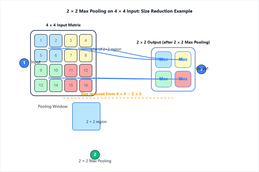 4 × 4 input undergoing 2 × 2 max pooling, outputting 2 × 2 m