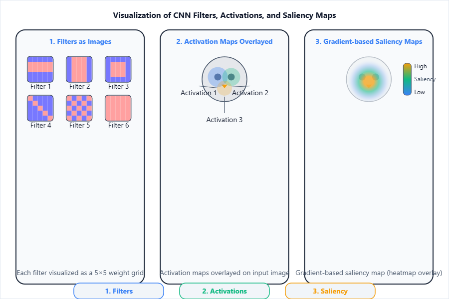 Three panels: (1) Filters visualized as images, (2) Activati