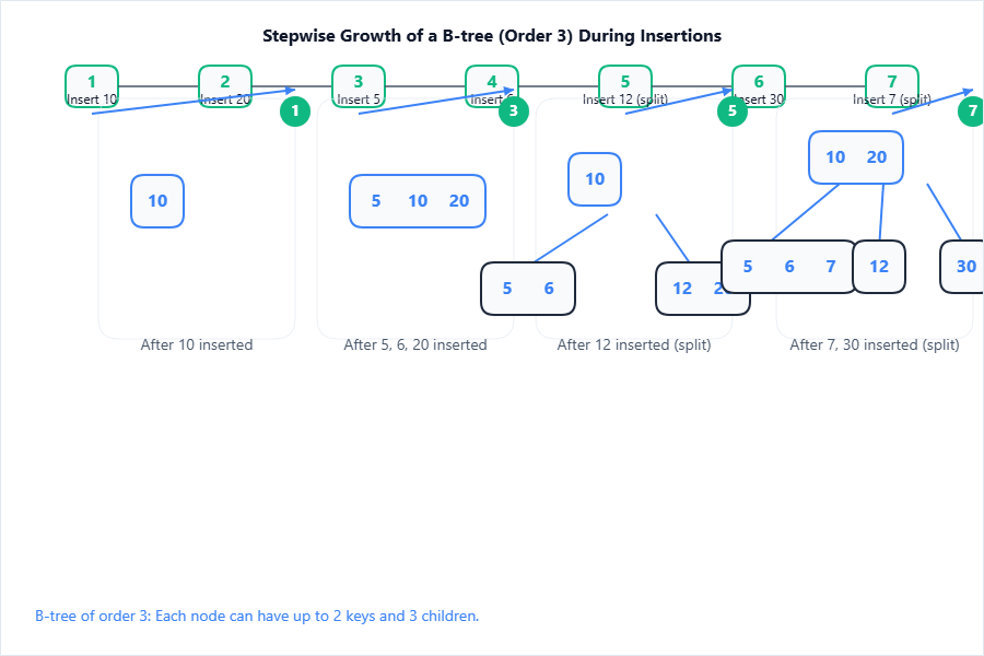 Stepwise growth of B-tree as each number is inserted.